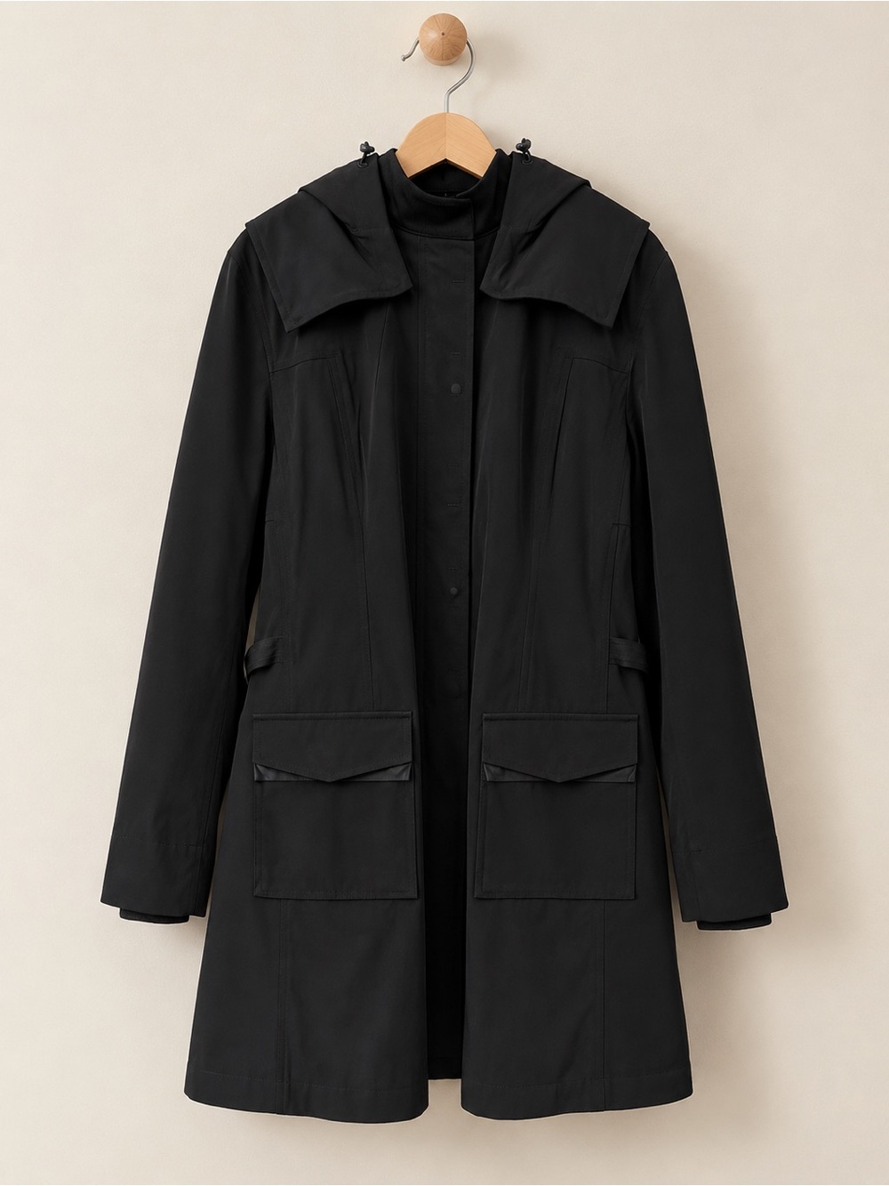Elie Tahari Black Hooded Raincoat Trench Coat Utility Jacket Women’s Size Large